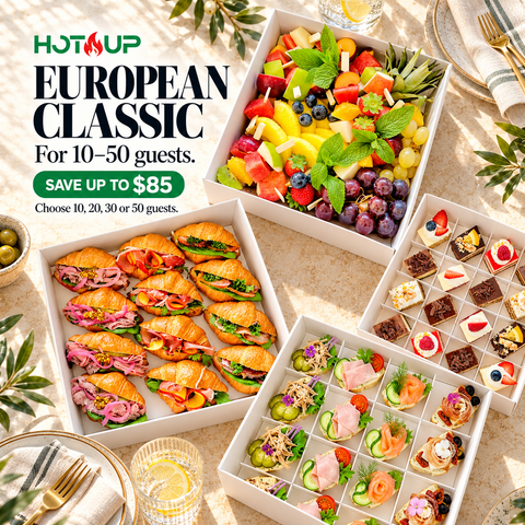 European Classic Party Package by Hot🔥Up – bruschettas, canapés, mini burgers and desserts catering spread in Miami